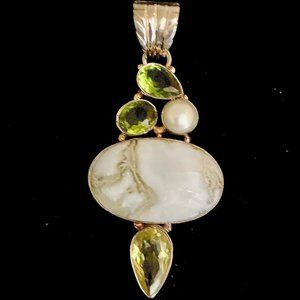💖Sterling Sliver Pendent with Chrysoprase, Pearl, Peridot /N35
